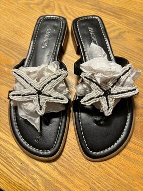 Marion Black Slide Sandals with White Beaded Starfish Accent